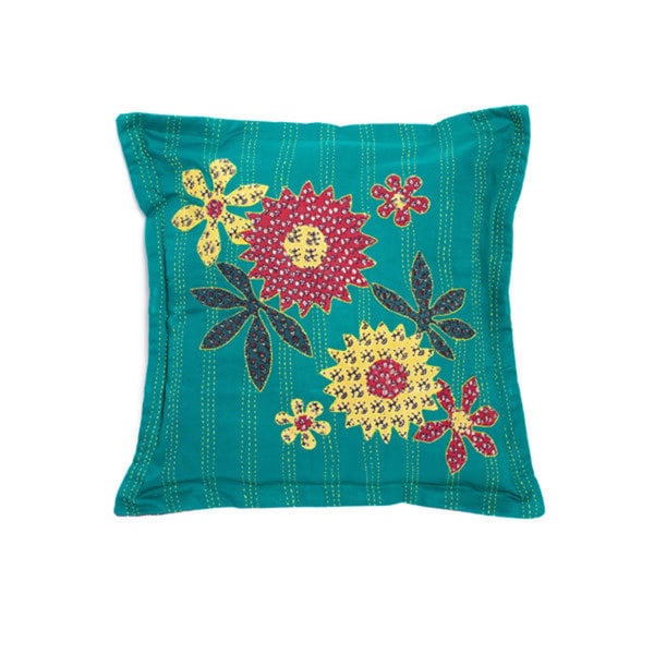 Handmade Kantha Teal Pillow (India)