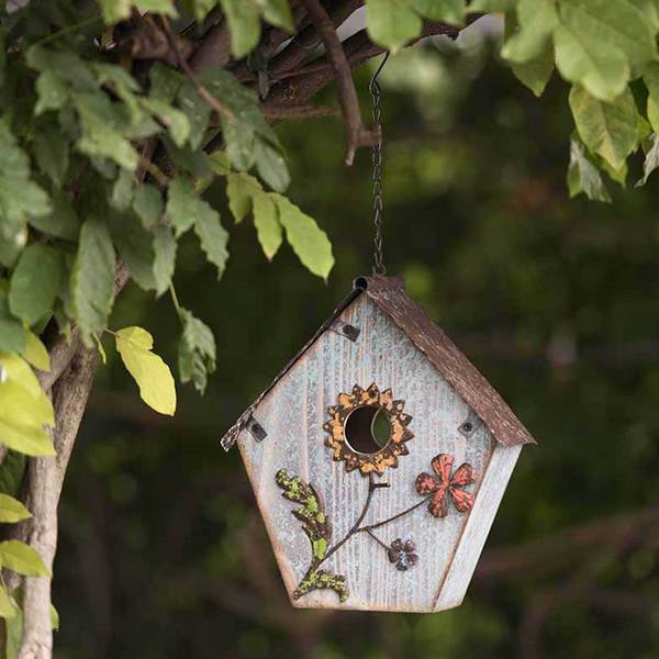 Sunjoy 21.5 Inch Wood Birdhouse Hand Painted With Flowers-inch Dusty Blue