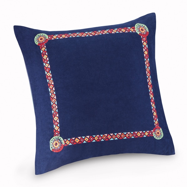 Josie by Natori Hollywood Boho Blue Embroidered Cotton 26 x 26-inch Euro Sham with Hidden Zipper Closure
