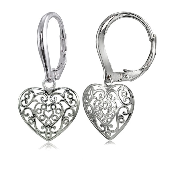 Mondevio Sterling Silver High Polished Heart Filigree Leverback Earrings