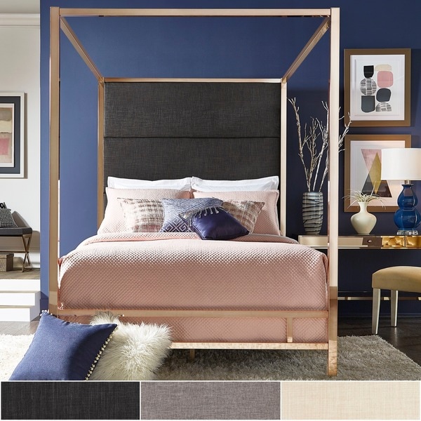 Evie Champagne Gold Metal Canopy Bed with Linen Panel Headboard by iNSPIRE Q Bold