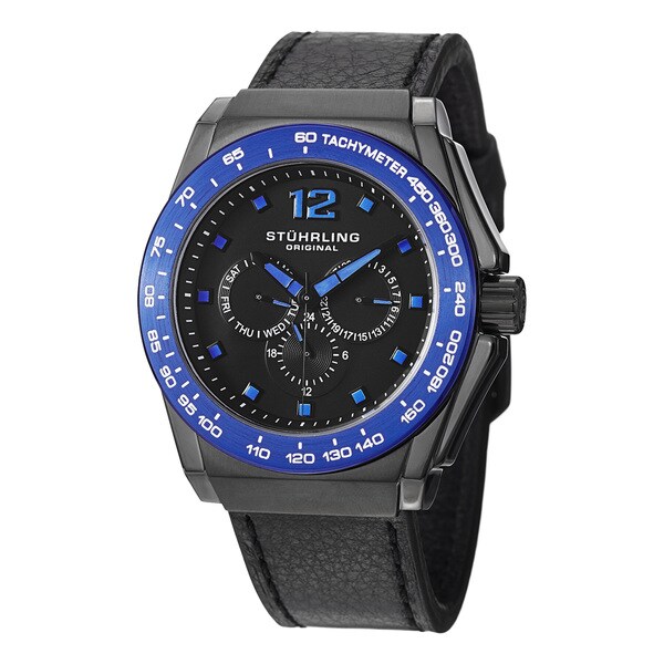 Stuhrling Original Men's Concorso Tonneau Quartz Leather Strap Watch - black