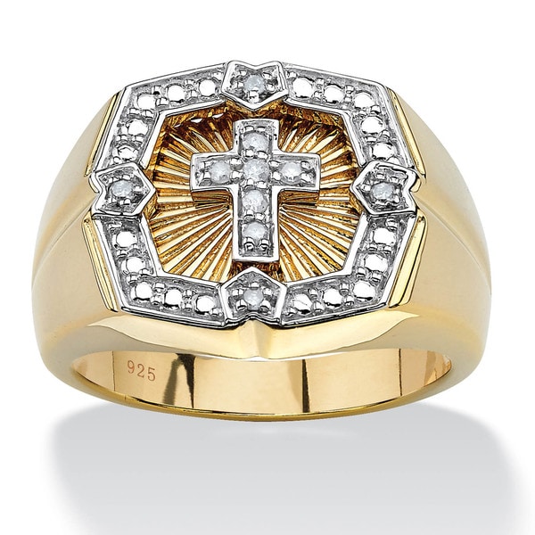 Men's .10 TCW Round Diamond 18k Gold over Sterling Silver Cross Ring