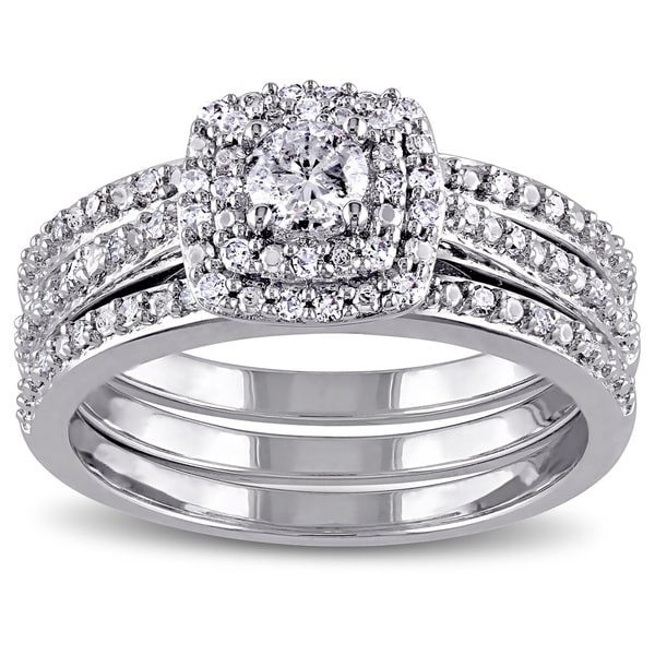 Miadora Sterling Silver 1/2ct TDW Cushion Diamond Double Halo Bridal Ring Set