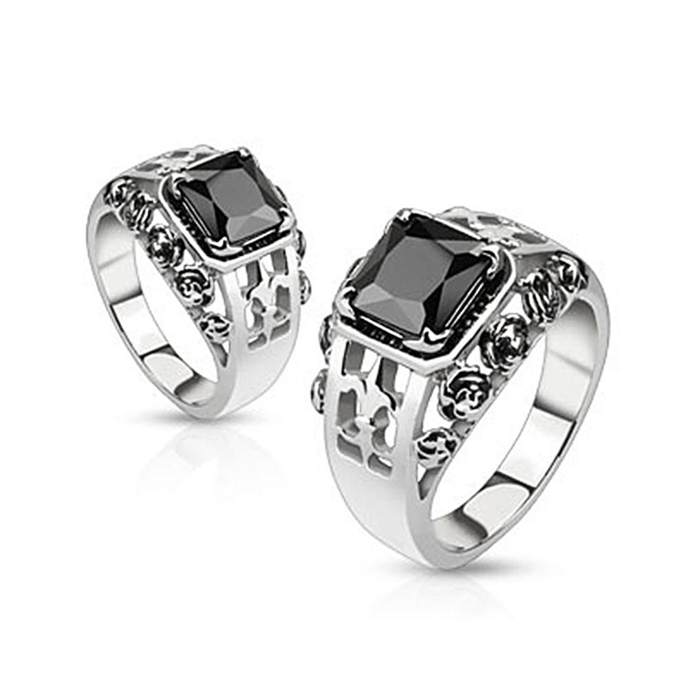 Rose Royal Fleur De Lis Set Black Square Gem Cast Stainless Steel Ring