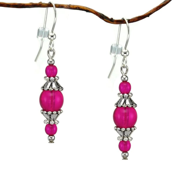 Handmade Jewelry by Dawn Round Hot Pink Glass with Pewter Accents Dangle Earrings (USA)