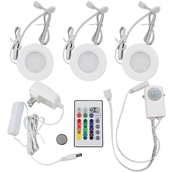 RGBWW LED Under Cabinet Lighting Kit-3pcs 2Watt LED Puck Lights + Remote + Power