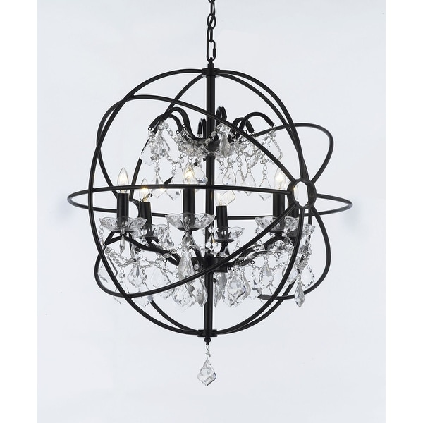 Foucault's Orb Chandelier Wrought Iron and Crystal 6 Lights