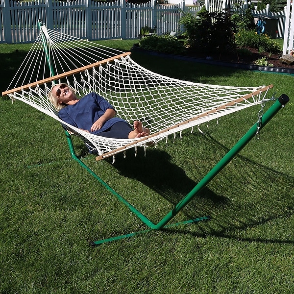 Sunnydaze Cotton Rope Double Hammock with Stand and Wood Spreader Bar, 2 Person