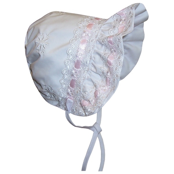 NICE CAPS Baby Girls Lacy Bonnet With Flowers Embroidery - White/Pink