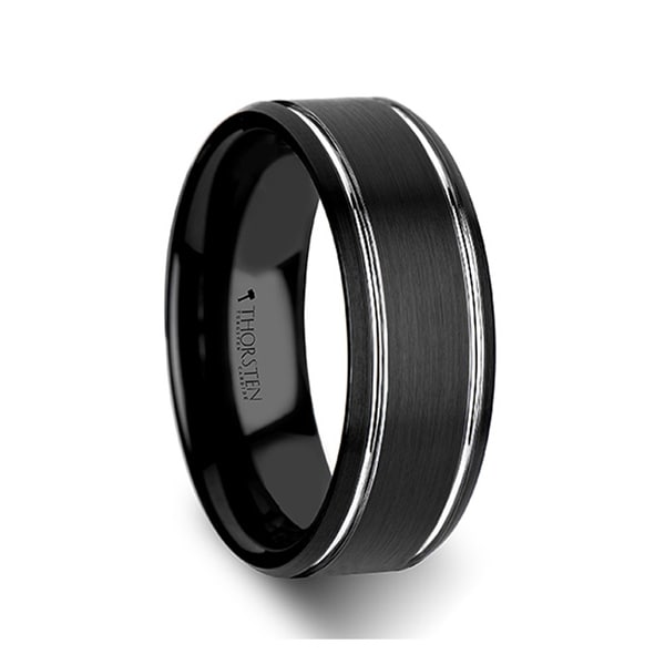 THORSTEN - NOCTURNE Beveled Black Tungsten Carbide Band with Brushed Finish and Polished Grooves